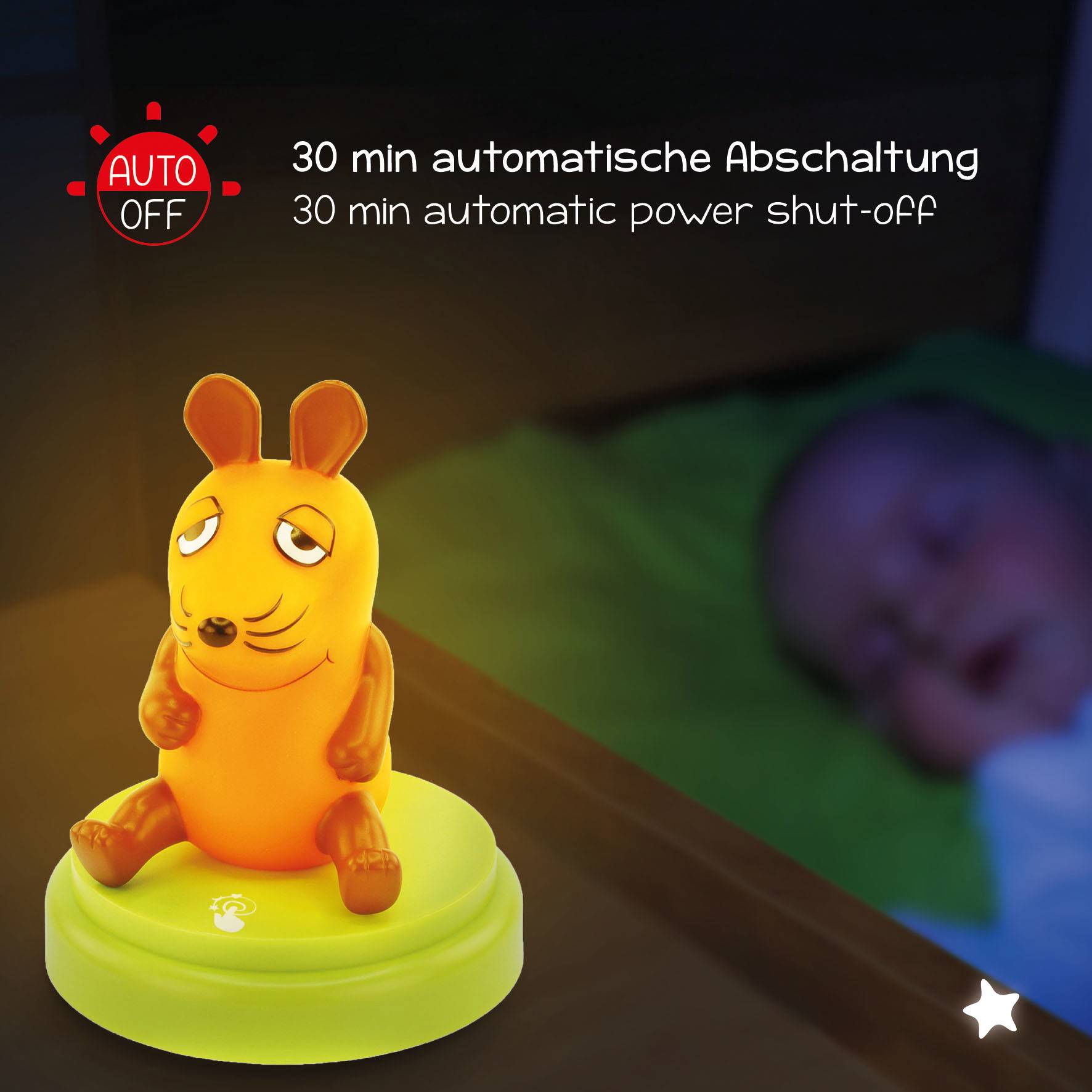 'Nachtlampe in Form einer gelben Maus mit der Funktion: 30-minütige automatische Abschaltung. Hintergrund zeigt schlafendes Baby.'