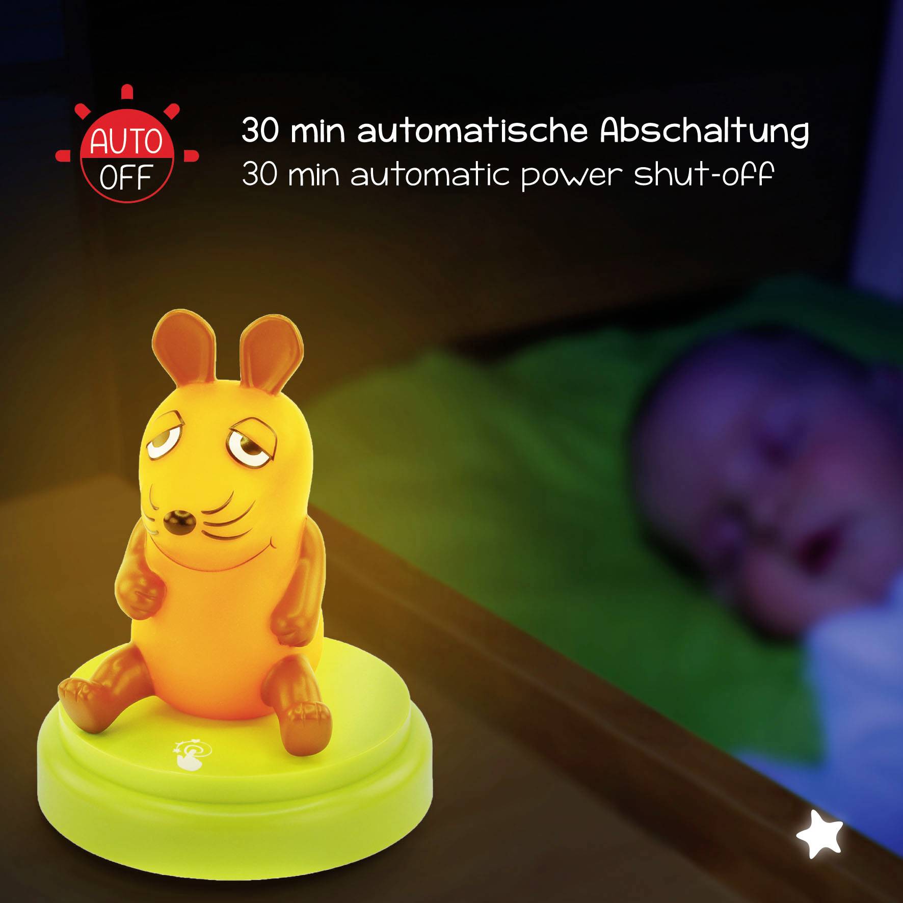 Eine leuchtende, orangefarbene Mausfigur auf einem Nachttisch. Im Hintergrund schläft ein Baby. Text: '30 min automatische Abschaltung'.