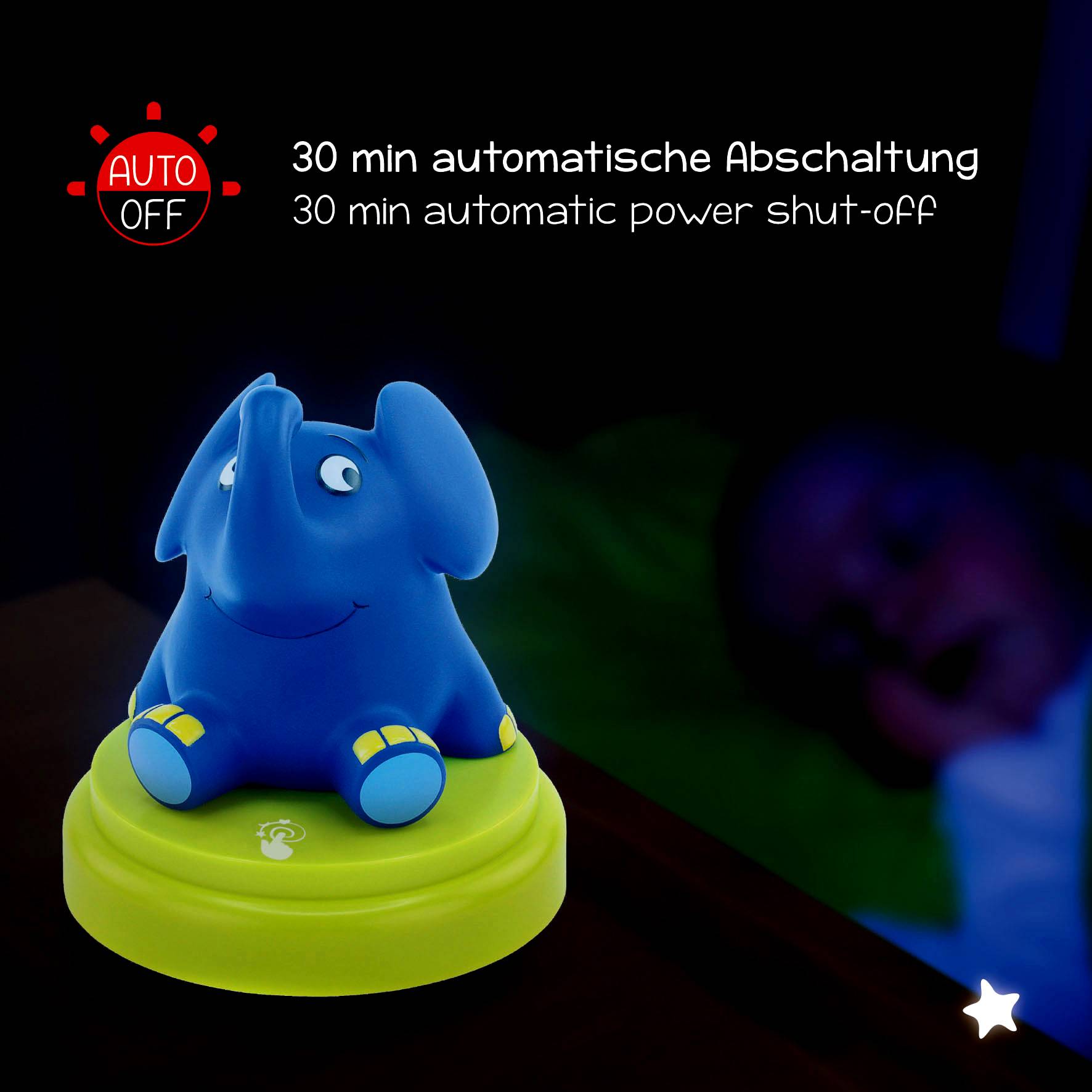 Ein blauer Elefant-Nachtlicht auf einem Tisch mit '30 min automatische Abschaltung' Text. Ein Kind schläft im Hintergrund.