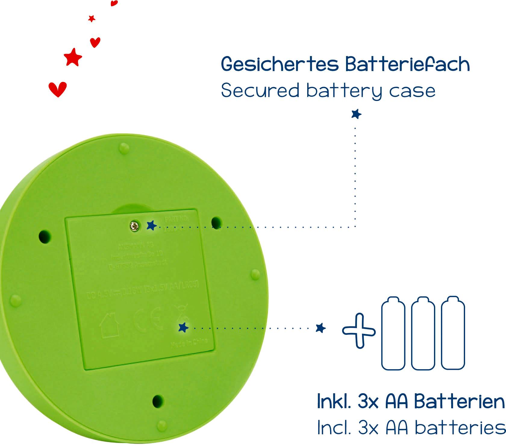 'Gesichertes Batteriefach', grünes Gerät mit gesichertem Batteriefach. Inkl. 3x AA Batterien. Hinweise auf Sicherheit und Ausstattung.