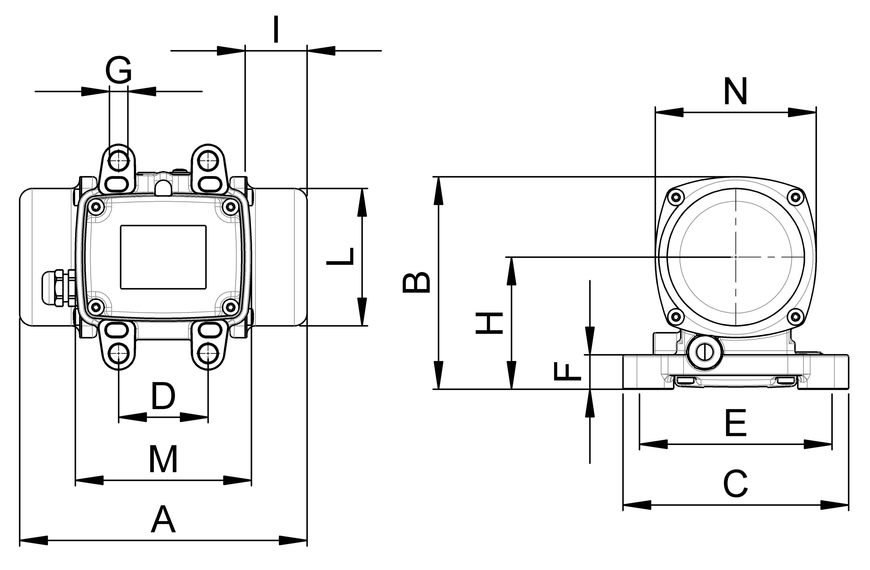 Technische Zeichnung eines Drucktransmitters mit Abmessungen in Millimetern. Vorder- und Seitenansicht mit Buchstaben zur Maßangabe.