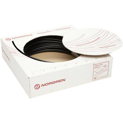 Eine geöffnete weiße Schachtel mit einer schwarzen Kunststoffrolle von Norgren für Pneumatik und Fluidkontrolle, daneben ein Schlauchabschneider.