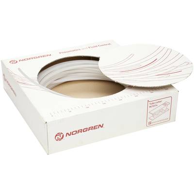 Eine weiße Box mit der Aufschrift 'Norgren' enthält ein aufgerolltes, transparentes Schlauchsystem. Ein Maßstab ist auf der Oberseite.