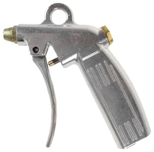 Metall-Druckluftpistole mit Auslöser und Düse, die zum Reinigen von Oberflächen mit Druckluft verwendet wird.