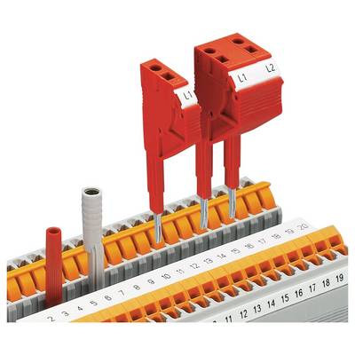 Ein Elektroklemmenblock mit nummerierten Plätzen von 1 bis 22, mit zwei roten Sicherungshaltern mit der Bezeichnung „L1" und „L2", die in die Plätze 12 und 13 eingesetzt sind.