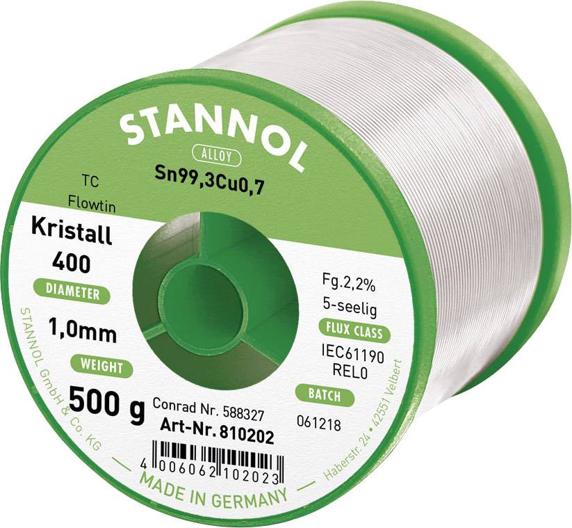 STANNOL Flowtin TC Lötzinn, bleifrei Spule Sn99,3CU0,7 500 g 1.0 mm