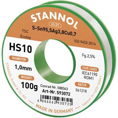 Stannol HS10 2510 Lötzinn, bleifrei Spule Sn95,5Ag3,8Cu0,7 ROM1 100 g 1 mm