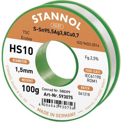 Stannol HS10 2510 Lötzinn, bleifrei Spule Sn95,5Ag3,8Cu0,7 ROM1 100 g 1.5 mm