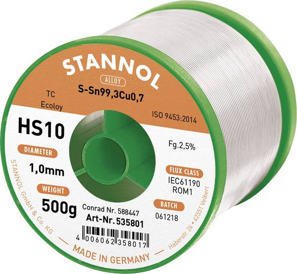 Stannol HS10 2510 Lötzinn, bleifrei Spule Sn99,3Cu0,7 ROM1 500 g 1 mm