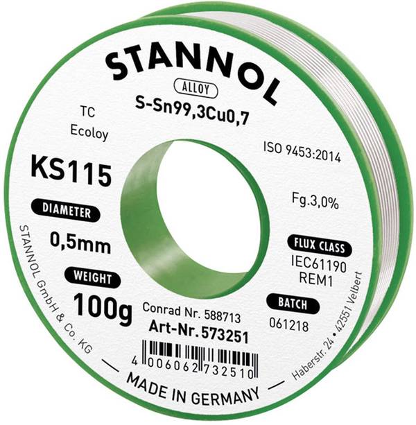 Stannol KS115 Lötzinn, bleifrei Spule Sn99,3Cu0,7 ROM1 100 g 0.5 mm