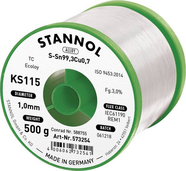 Stannol KS115 Lötzinn, bleifrei Spule Sn99,3Cu0,7 ROM1 500 g 1 mm