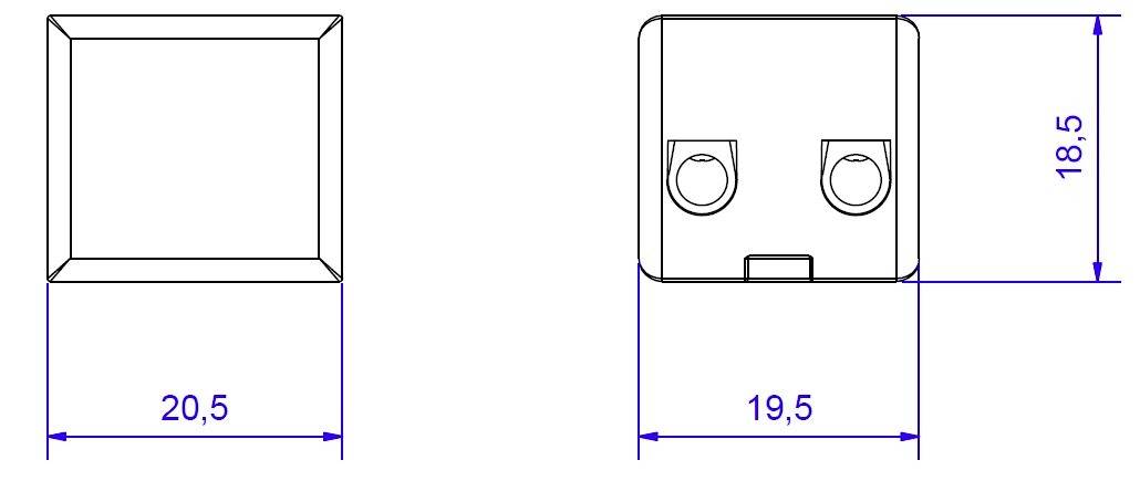 Technische Zeichnung eines quadratischen Schalters mit den Maßen 20,5 mm Breite und 18,5 mm Höhe, zeigt Vorder- und Rückansicht.