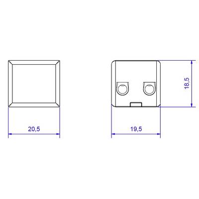 Technische Zeichnung eines quadratischen Schalters mit den Maßen 20,5 mm Breite und 18,5 mm Höhe, zeigt Vorder- und Rückansicht.