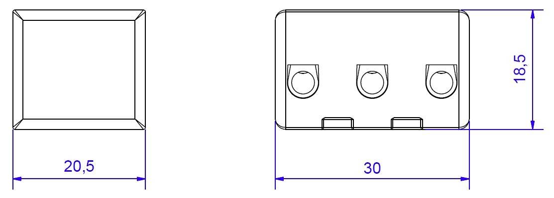 'Technische Zeichnung eines rechteckigen Bauelements mit Abmessungen: 20,5 mm Breite und 18,5 mm Höhe. Drei runde Öffnungen auf der Vorderseite.'