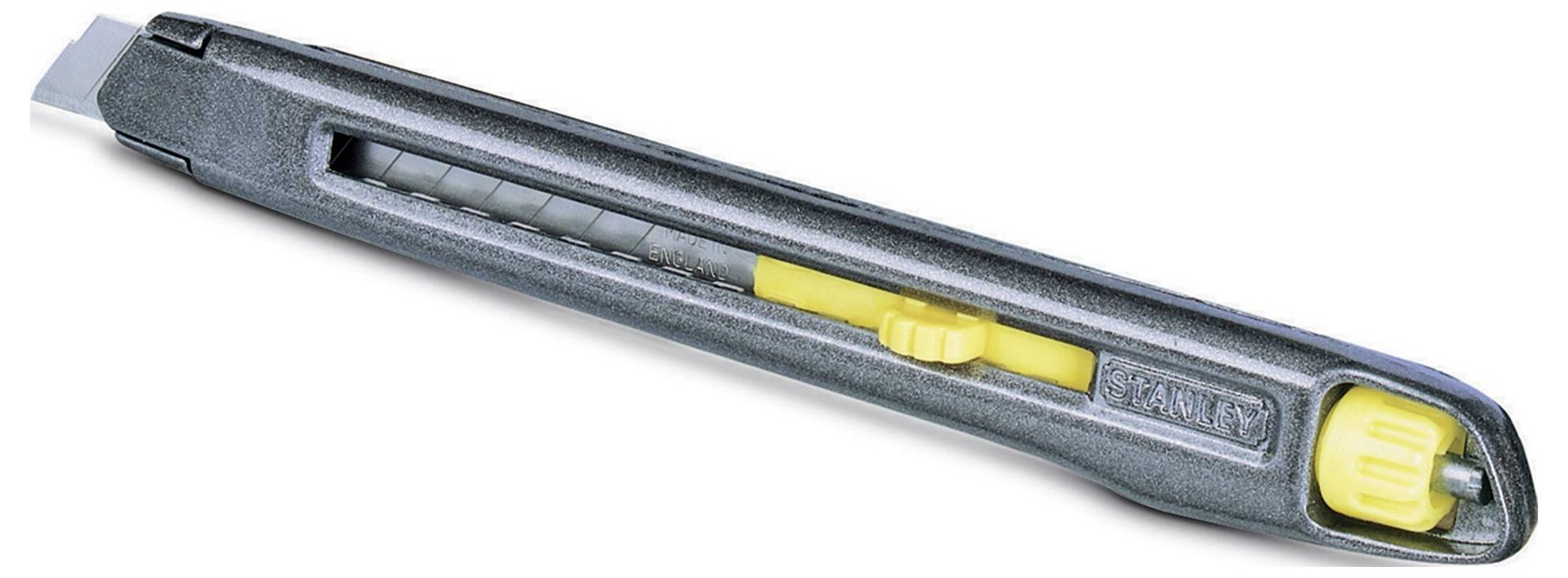 Metallischer Universalmesser mit gelbem Rad zum Feststellen der Klinge, hauptsächlich zum Schneiden von Papier oder dünnen Materialien.