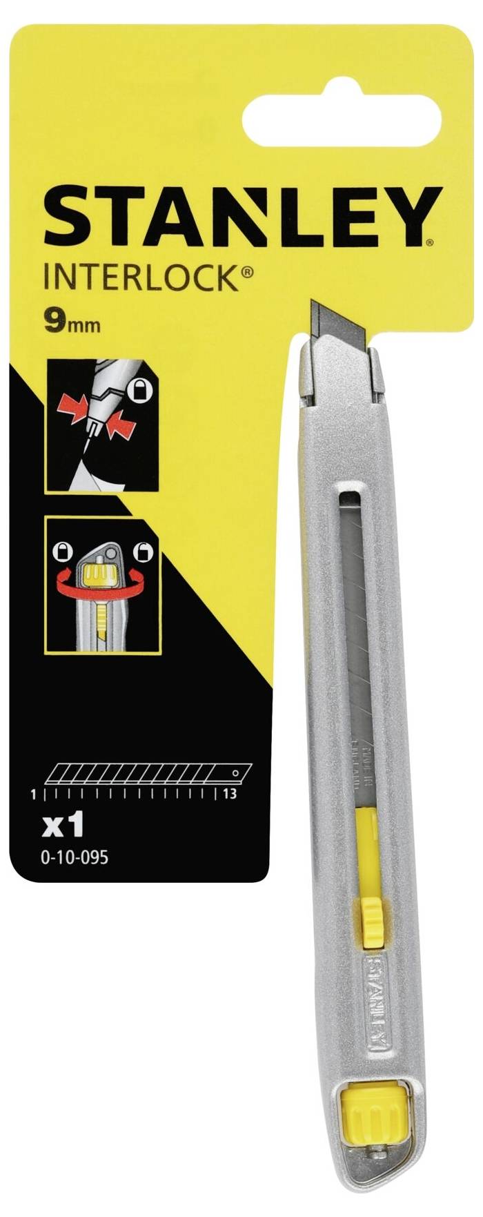 Ein silbernes Stanley-Interlock-Cutter-Messer mit gelbem Schieber, Verpackung zeigt Anleitungen zur Klingenverriegelung und Auswechseln.