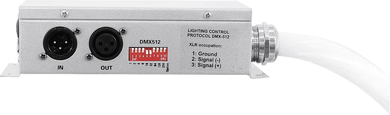 Metallbox mit DMX512-Anschlüssen 'IN' und 'OUT'. Schalter für Einstellungen und Beschriftung: 'Lighting Control Protocol DMX512'. Kabelverbindung sichtbar.