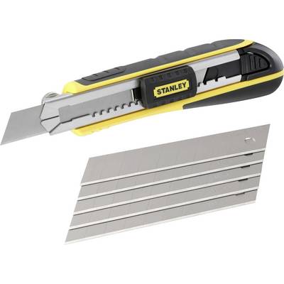Ein gelb-schwarzes Cuttermesser mit herausziehbarer Klinge, daneben fünf Ersatzklingen.