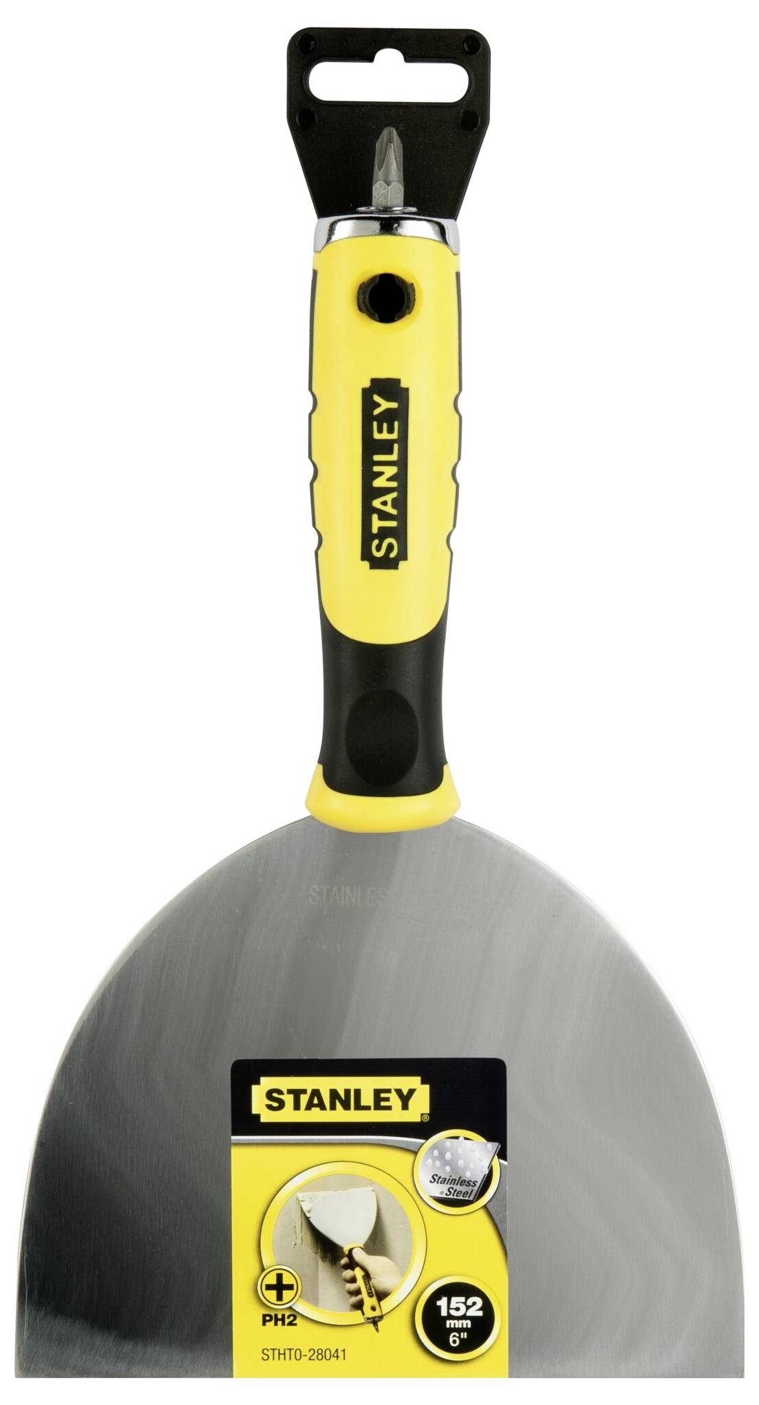 Spachtel mit gelbem und schwarzem Griff, Marke 'Stanley', Etikett mit Produktspezifikationen darunter.