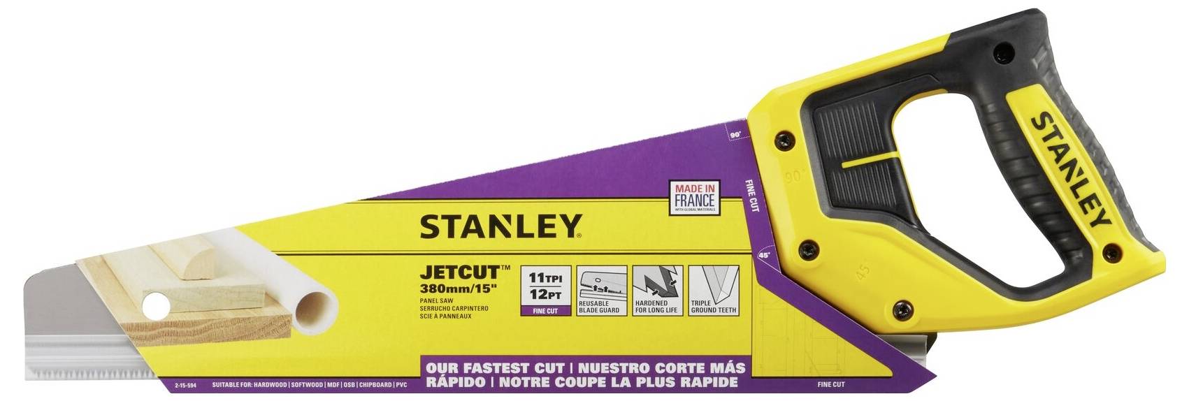 Handgriff einer gelben und schwarzen Handsäge mit rechteckigem Blatt mit den Aufschriften 'STANLEY' und 'JETCUT' in einer Verpackung.
