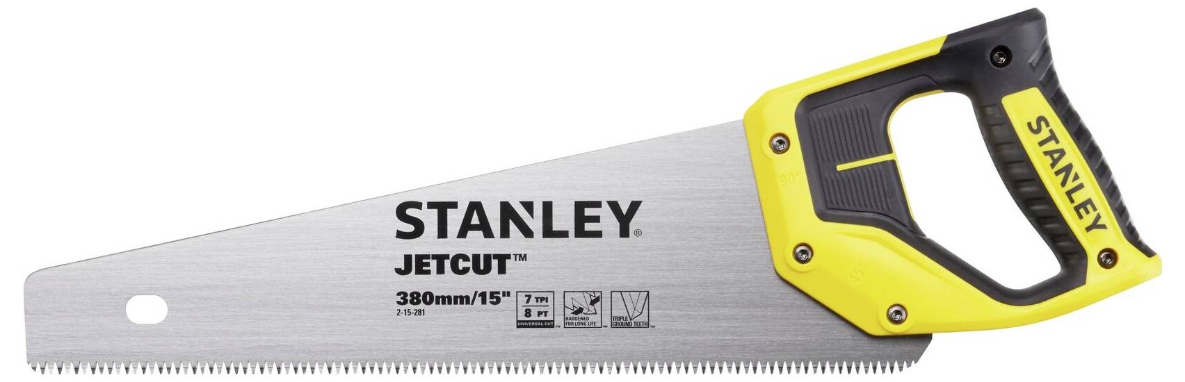 Handsägenbild zeigt eine Stanley Jetcut 380mm/15 Zoll Handsäge mit gelbem und schwarzem Griff, geeignet für Holzarbeiten.