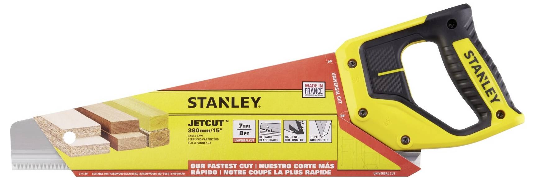 Handsäge von Stanley, Modell JetCut, 380 mm/15' Zoll. Gelber Griff, geeignet für schnellen und präzisen Holzschnitt.