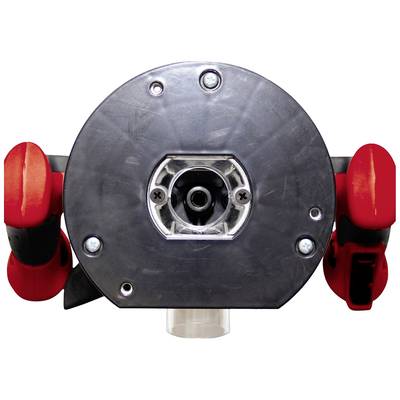 Metallisches Werkzeug mit rotem Griff, zentraler Mechanismus im Fokus. Batteriefach und Bedienelemente sichtbar.
