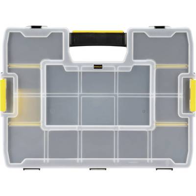 Transparente Kunststoff-Organizerbox mit gelben Verschlüssen und schwarzen Griff. Mehrere Fächer zur Aufbewahrung von Kleinteilen.
