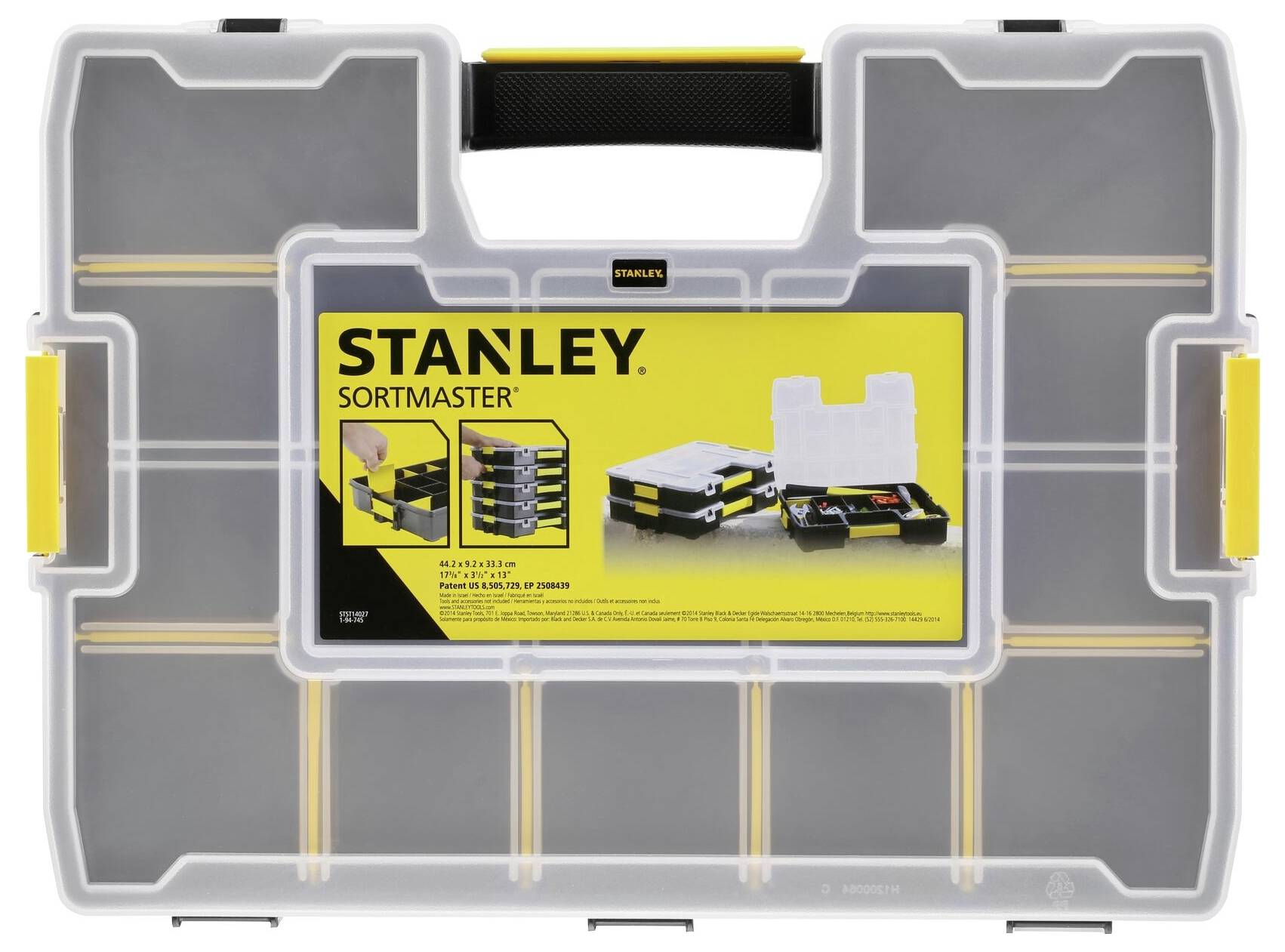Eine Sortierbox der Marke Stanley, Modell Sortmaster, aus transparentem Kunststoff mit gelben Verschlüssen und schwarzem Griff.