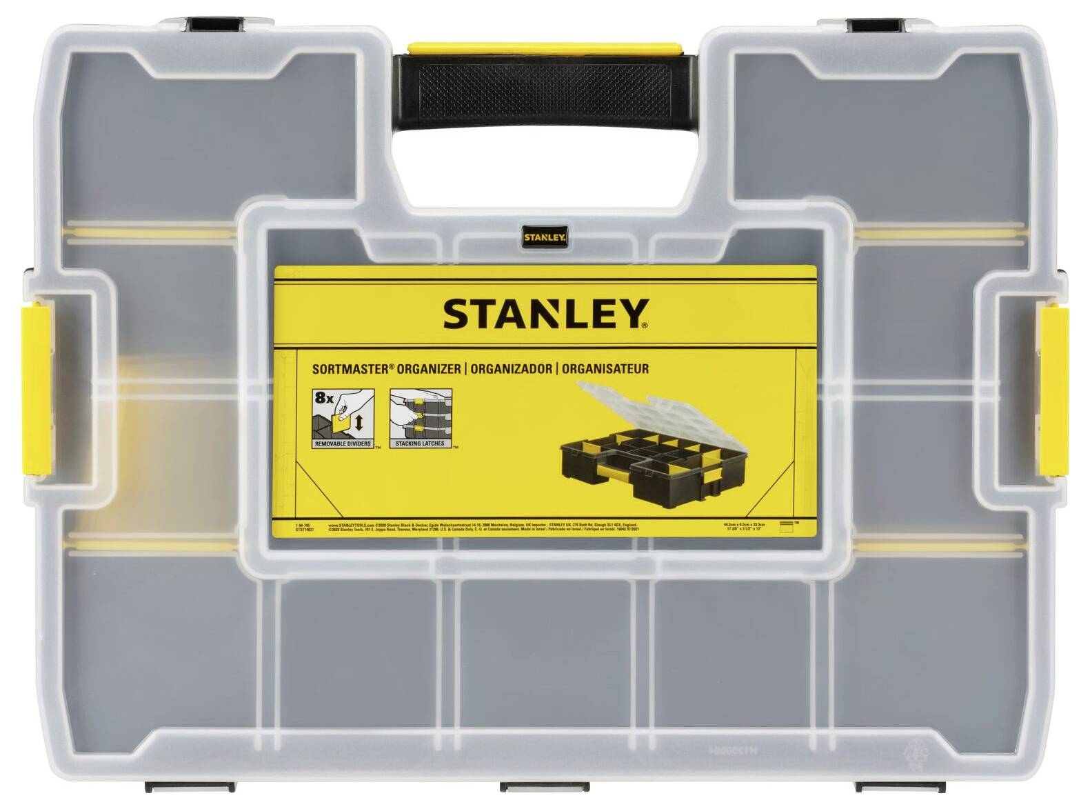 Werkzeugkasten 'Stanley SortMaster Organizer' mit transparentem Deckel, gelbem Griff und mehreren Fächern zur Aufbewahrung.