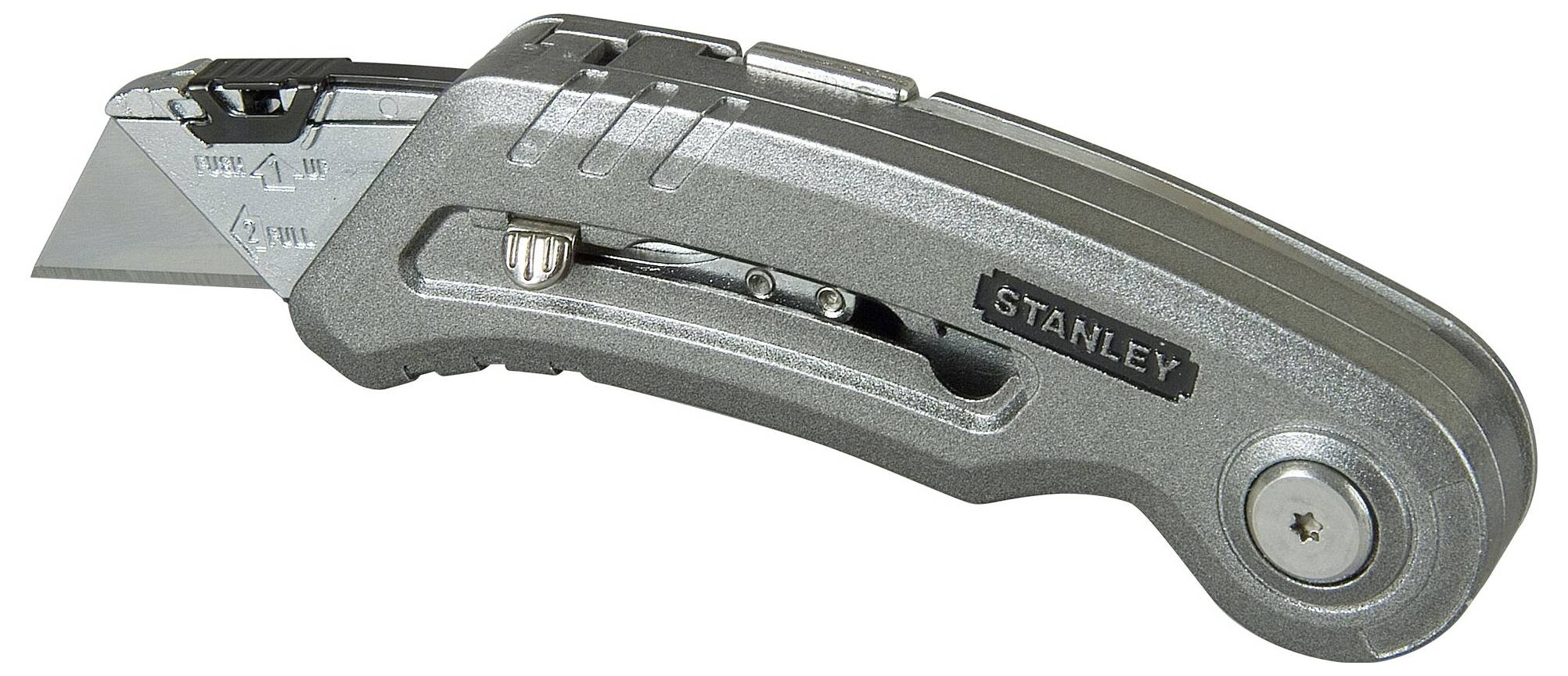 Ein silbernes Stanley-Cutter-Messer mit einziehbarer Klinge, geeignet für handwerkliche Arbeiten.
