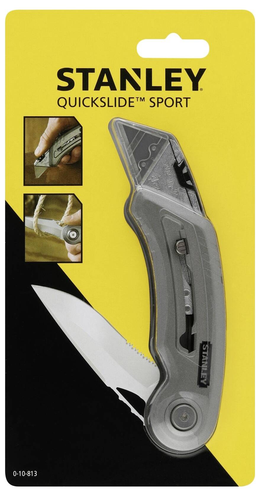 'Stanley Quickslide Sport' Taschenmesser in Verpackung, mit grauem Griff und ausfahrbarer Klinge, geeignet für handwerkliche Arbeiten.