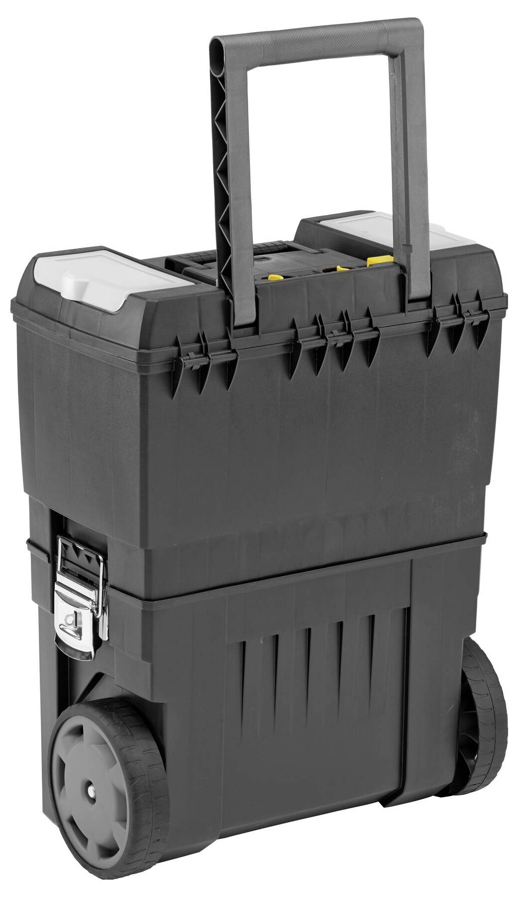 Schwarzer Werkzeugkasten auf Rollen mit ausziehbarem Griff, oberes Fach mit transparentem Deckel, Verschlüsse aus Metall.