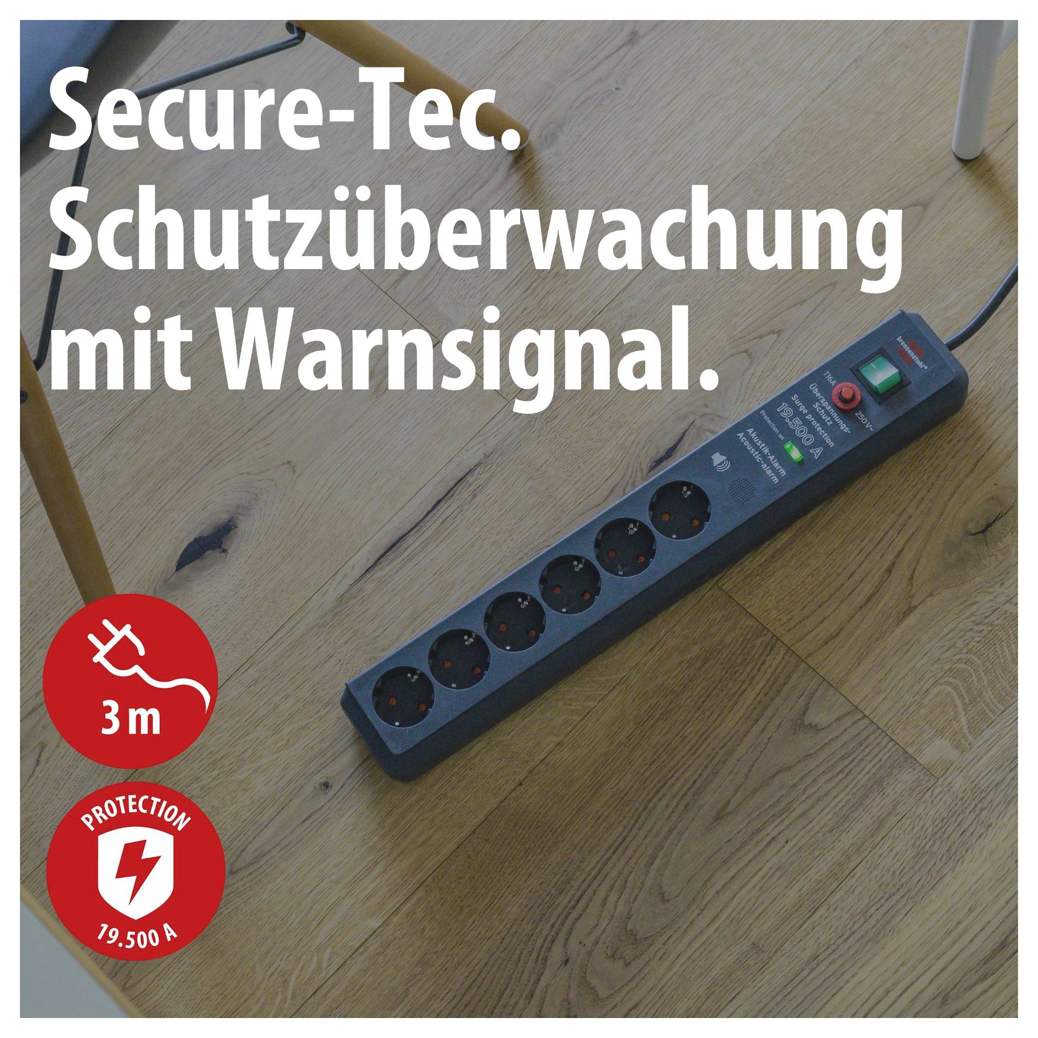 Werbebild einer Steckdosenleiste auf Holzfußboden mit Text 'Secure-Tec. Schutzüberwachung mit Warnsignal.' und Symbolen für 3 m sowie 19.500 A Schutz.