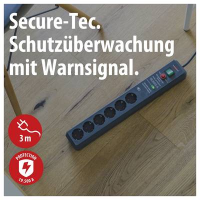 Werbebild einer Steckdosenleiste auf Holzfußboden mit Text 'Secure-Tec. Schutzüberwachung mit Warnsignal.' und Symbolen für 3 m sowie 19.500 A Schutz.