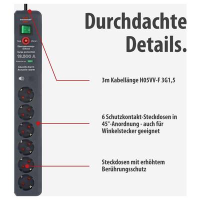 Werbegrafik einer schwarzen 6-fach Steckdosenleiste mit rotem Kabel; hervorgehoben sind 3 m Kabel, 45° angeordnete Steckdosen und erhöhter Berührungsschutz.