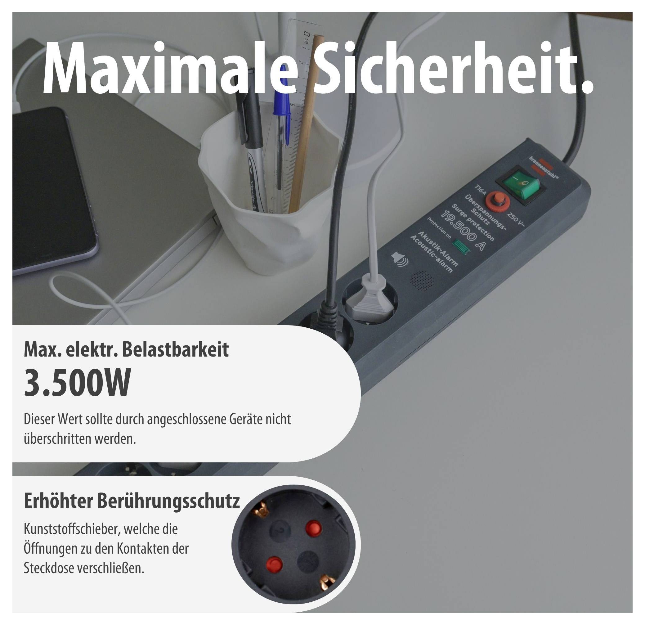 Steckdosenleiste mit Schalter; Hinweis auf 'Maximale Sicherheit', max. elektrische Belastbarkeit 3.500 W und erhöhten Berührungsschutz durch Kindersicherung.<br>