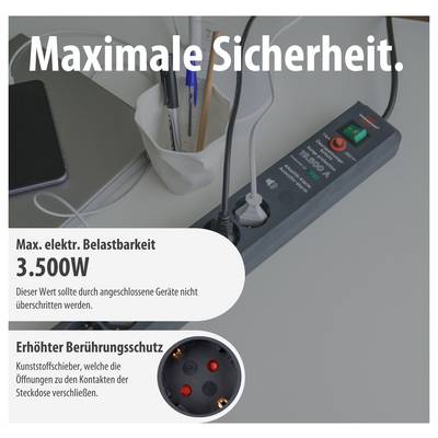 Steckdosenleiste mit Schalter; Hinweis auf 'Maximale Sicherheit', max. elektrische Belastbarkeit 3.500 W und erhöhten Berührungsschutz durch Kindersicherung.<br>