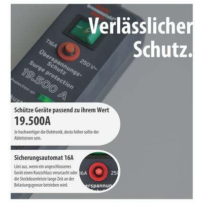 Werbung für einen Überspannungsschutz mit dem Slogan 'Verlässlicher Schutz.', genannt werden 19.500 A und 'Sicherungsautomat 16A'.