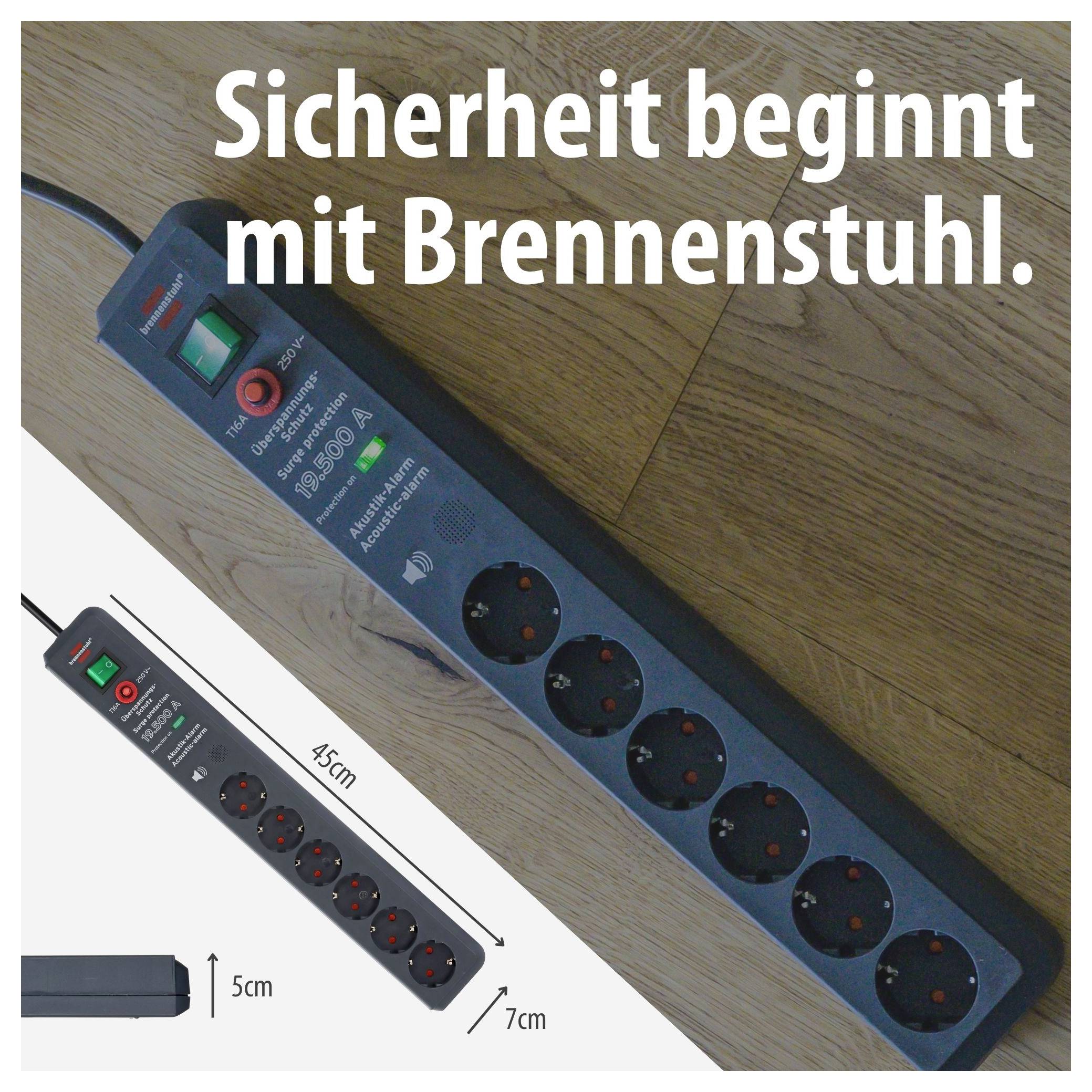 Brennenstuhl-Steckdosenleiste mit Ein-/Ausschalter und Überspannungsschutz; zeigt das Produkt aus verschiedenen Ansichten mit den Maßen 45 cm, 5 cm und 7 cm.