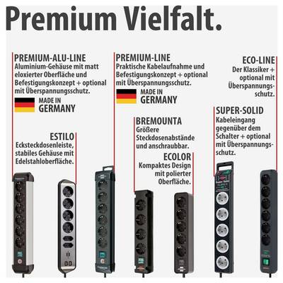 Vergleichsübersicht 'Premium Vielfalt' mit sechs Steckdosenleisten-Serien und ihren Merkmalen wie Aluminiumgehäuse, Überspannungsschutz und 'Made in Germany'.