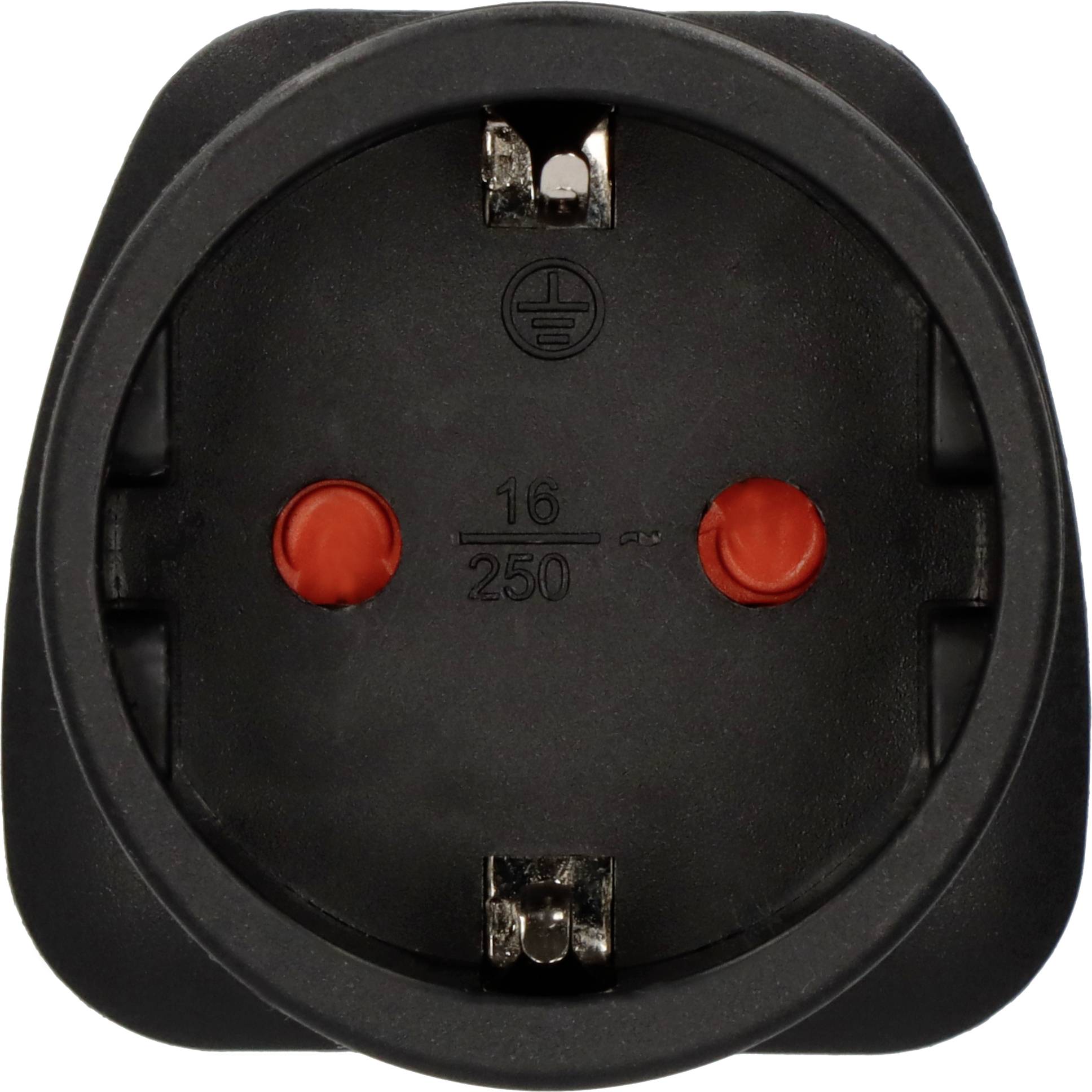 Schwarze Steckdose mit Erdung, zwei roten Steckdosenlöchern und der Aufschrift '16/250', geeignet für 16 Ampere und 250 Volt.