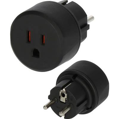 Schwarzer Elektrostecker-Adapter mit zweipoliger europäischer Steckervariante auf weißem Hintergrund, gezeigt von vorne und von der Seite.