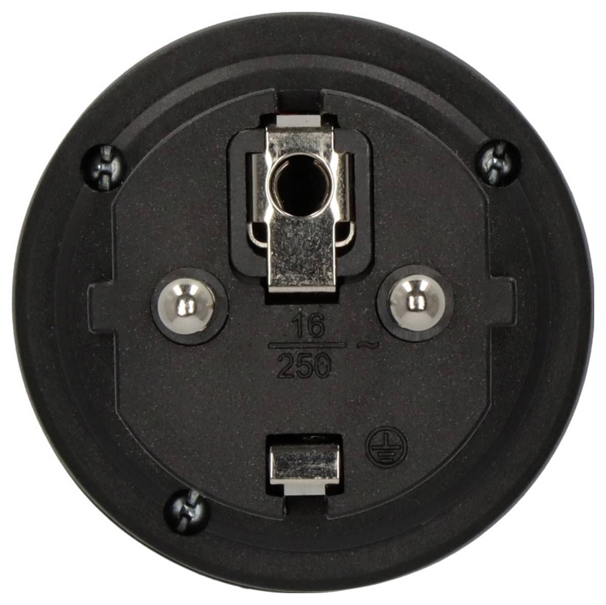 Nahaufnahme eines schwarzen runden elektrischen Steckers oder einer Steckdose mit Metallkontaktpunkten und der Bezeichnung „16/250~".
