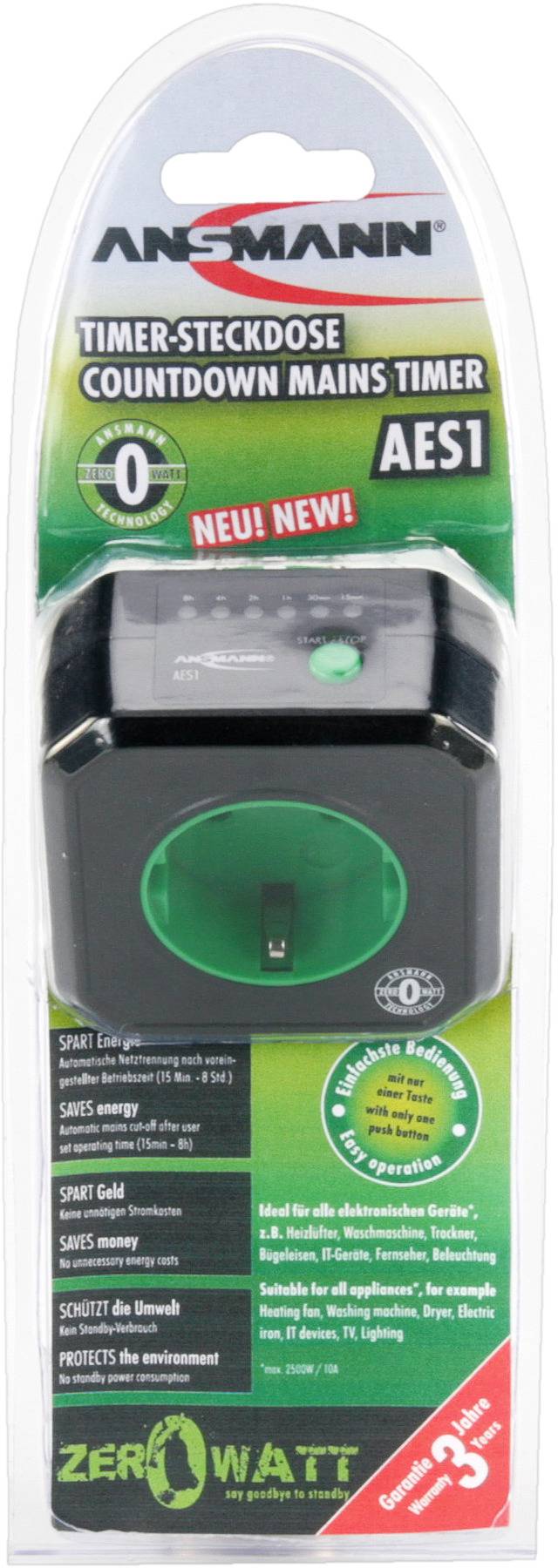 Verpackung eines Countdown-Schaltsteckers der Marke Ansmann mit grünem Detail, Countdown-Funktion und Energieeinsparungshinweis.