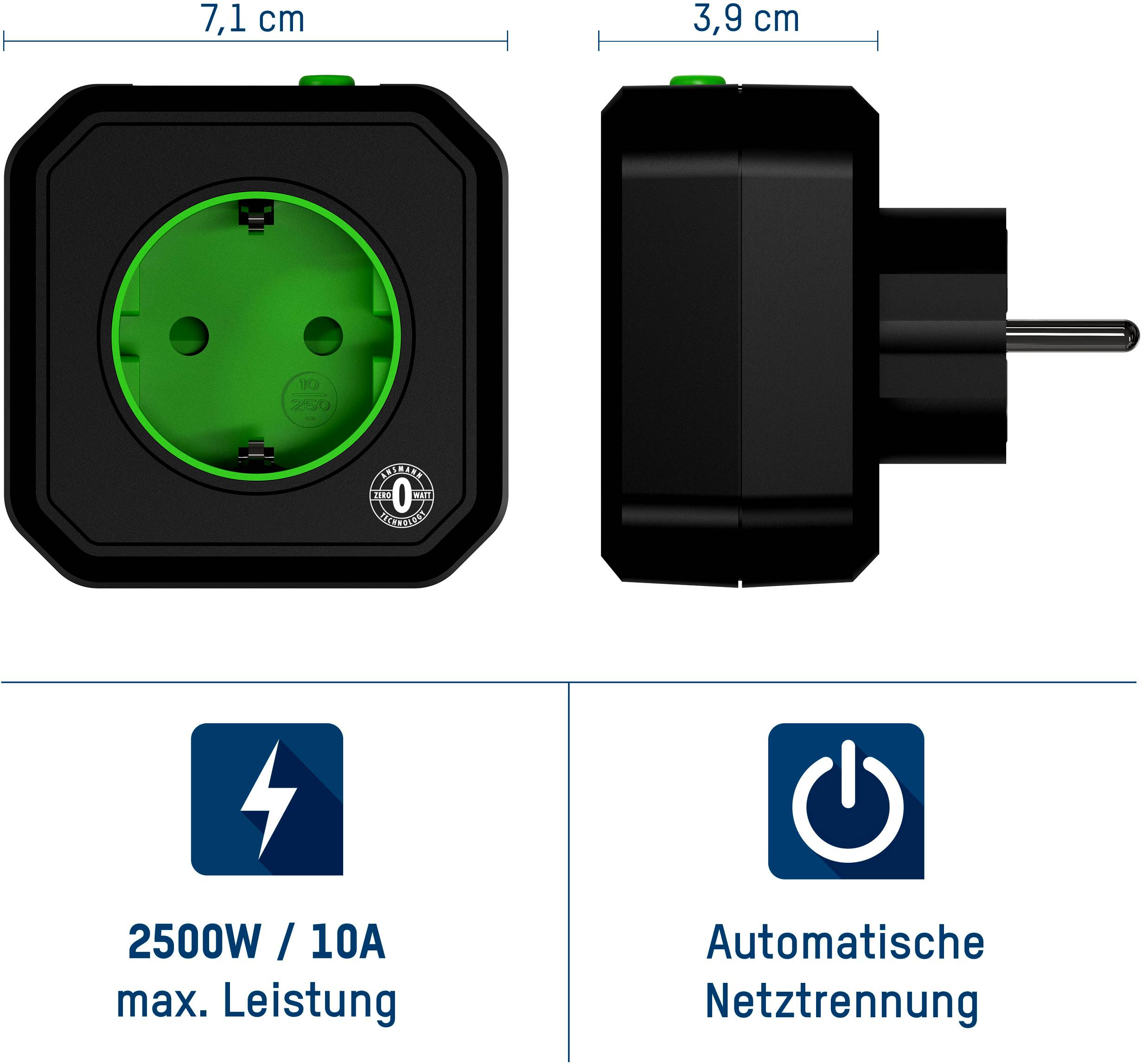 Steckdose mit grünen Kontakten, von vorn und seitlich gezeigt, beschriftet '2500W / 10A max. Leistung' und 'Automatische Netztrennung'.