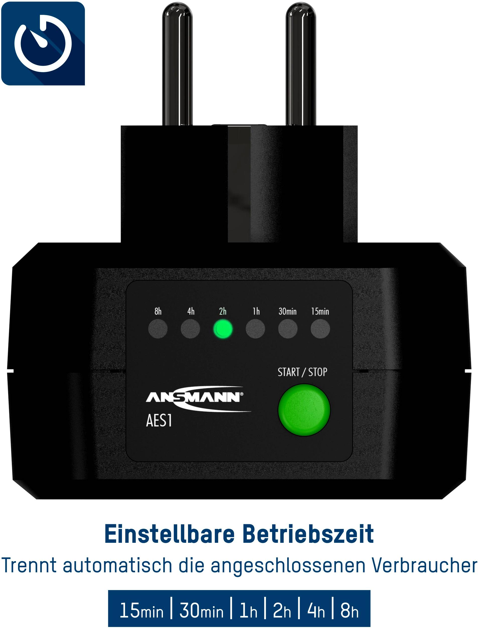 'Elektrischer Timer mit einstellbarer Betriebszeit und grünem Start/Stopp-Knopf, trennt Verbraucher nach ausgewählter Dauer (15min bis 8h).'