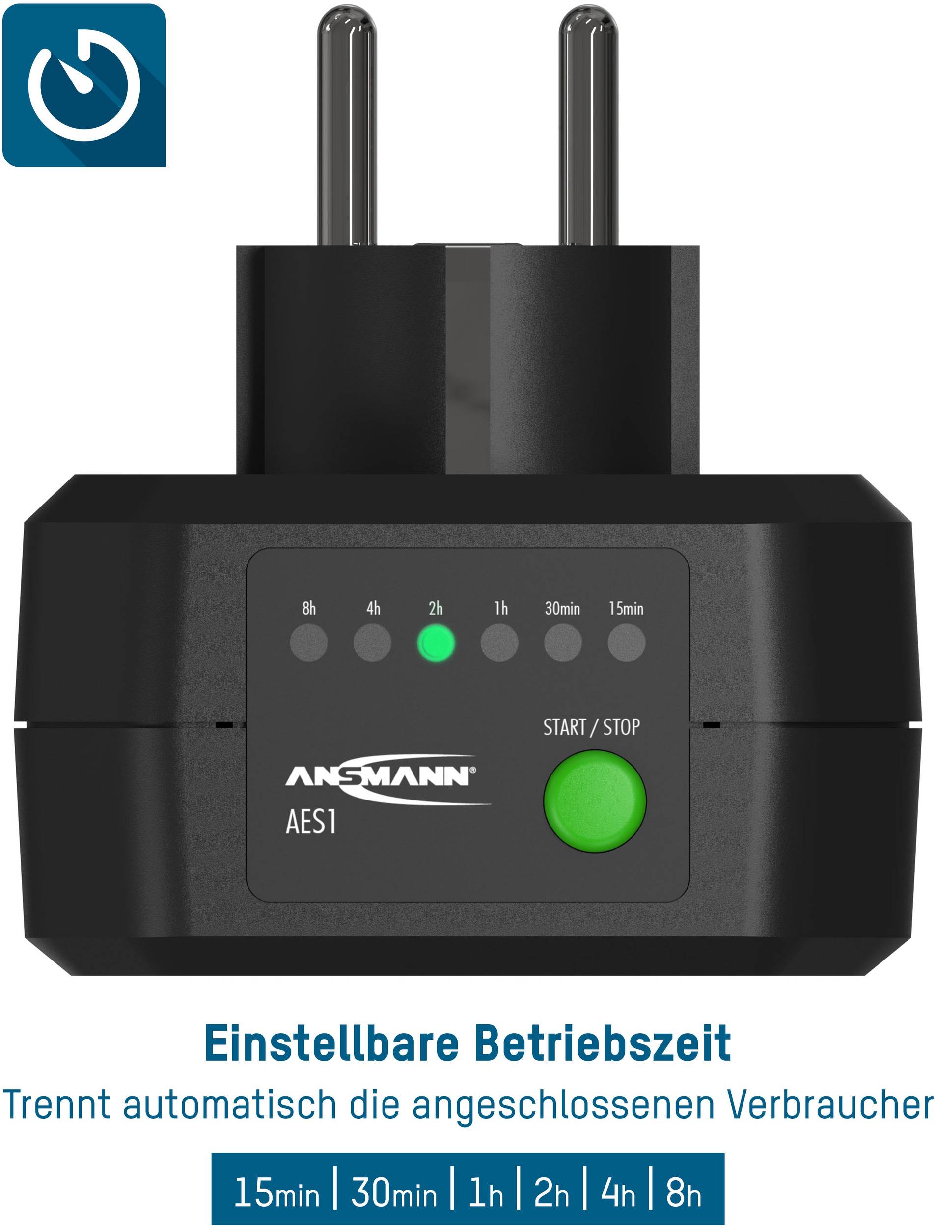 'Einstellbare Betriebszeit: Trennt automatisch die angeschlossenen Verbraucher. Zeiten: 15min, 30min, 1h, 2h, 4h, 8h.'