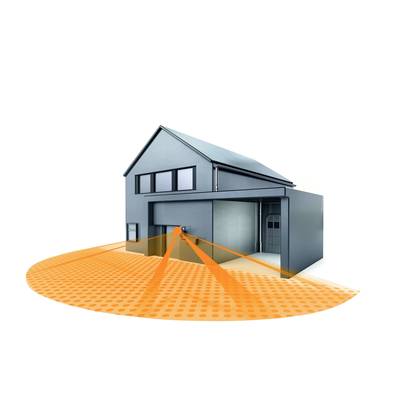 Ein Haus mit einem Garagentor-Sensor, der orange Bereiche abdeckt, zeigt den Überwachungsbereich an.