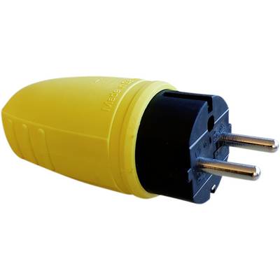 Gelber Adapterstecker mit zwei Metallstiften und schwarzem Gehäuse. Geeignet zur Verbindung von Geräten mit Steckdosen.